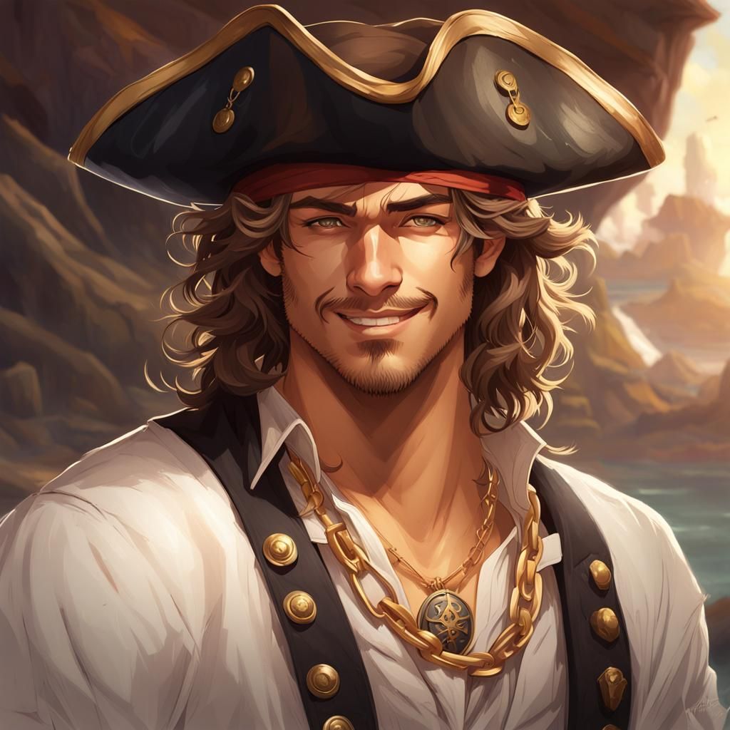 Handsome Young Pirate Portrait in Hyperdetailed Style