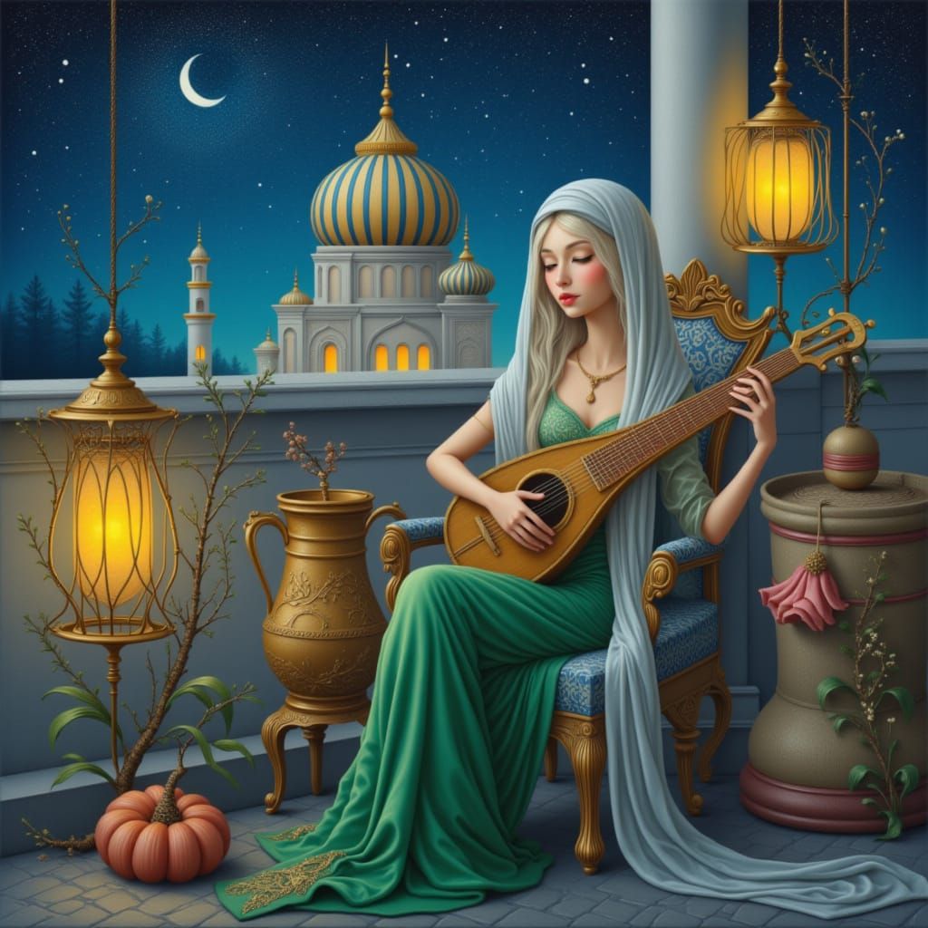 Woman Plays Lute on Middle Eastern Balcony in Starry Night