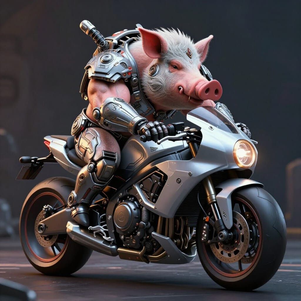 Muscular Hog Rides Futuristic Motorbike in Sci-Fi Style