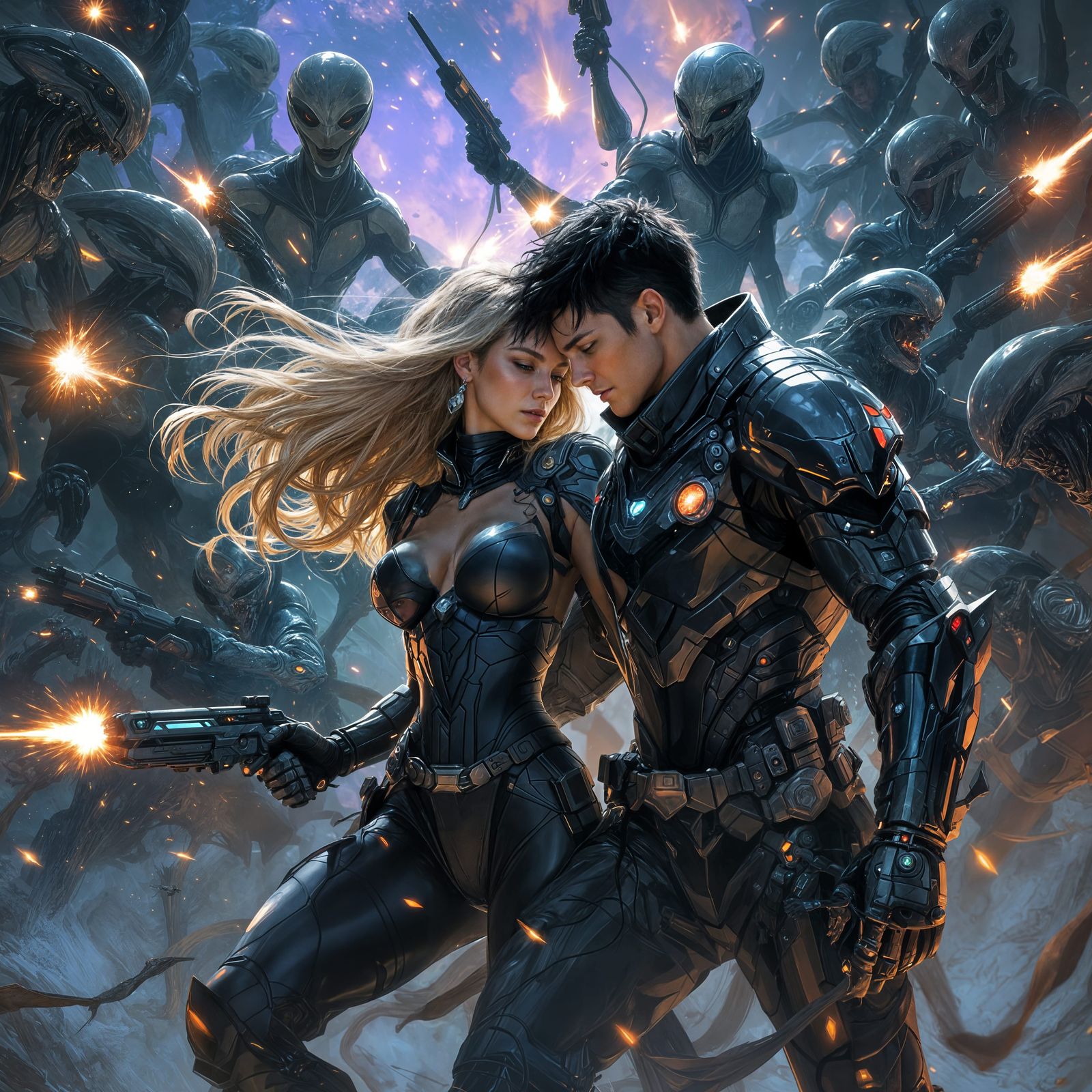 Futuristic Couple Fighting Aliens in WLOP Style
