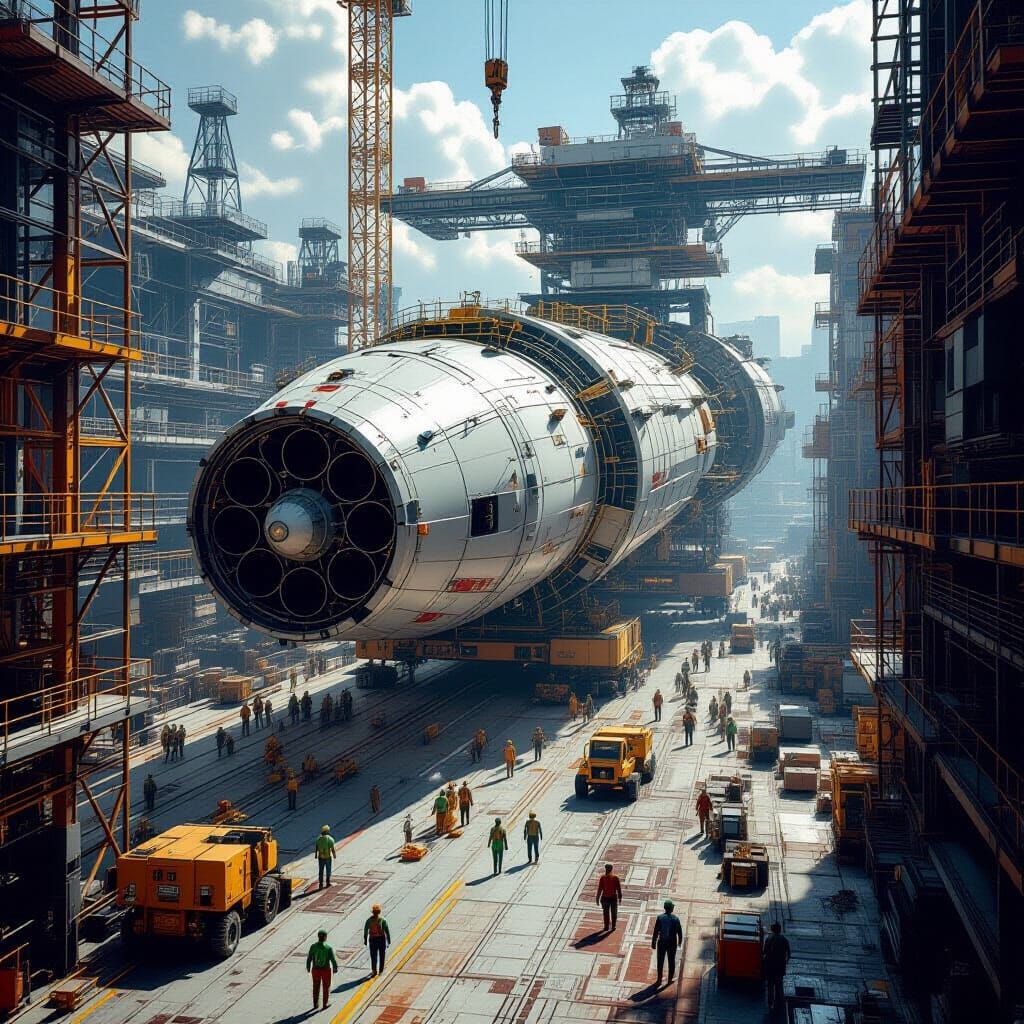 Rocket Construction in Sprawling Spaceport, Industrial Photo...