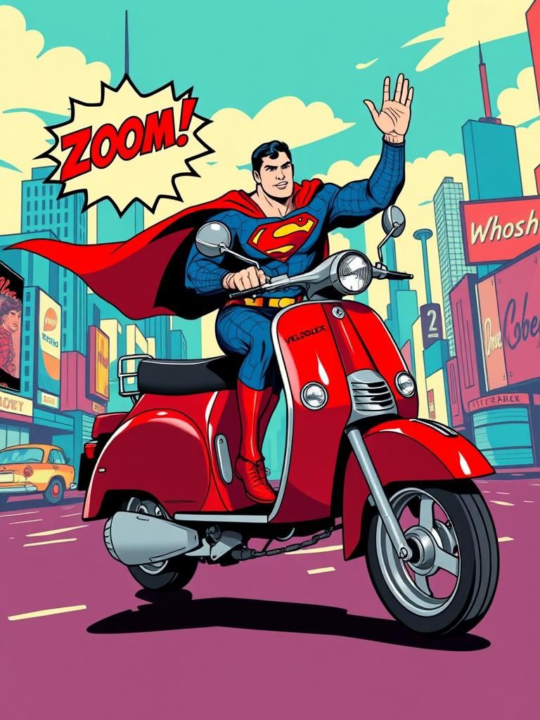 Superman Rides Moped in Pop Art Cityscape