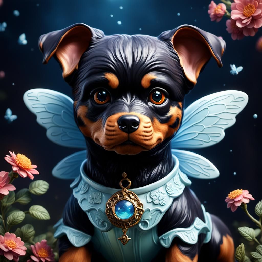 Porcelain Fairy Rottweiler Doll: Detailed Matte Painting