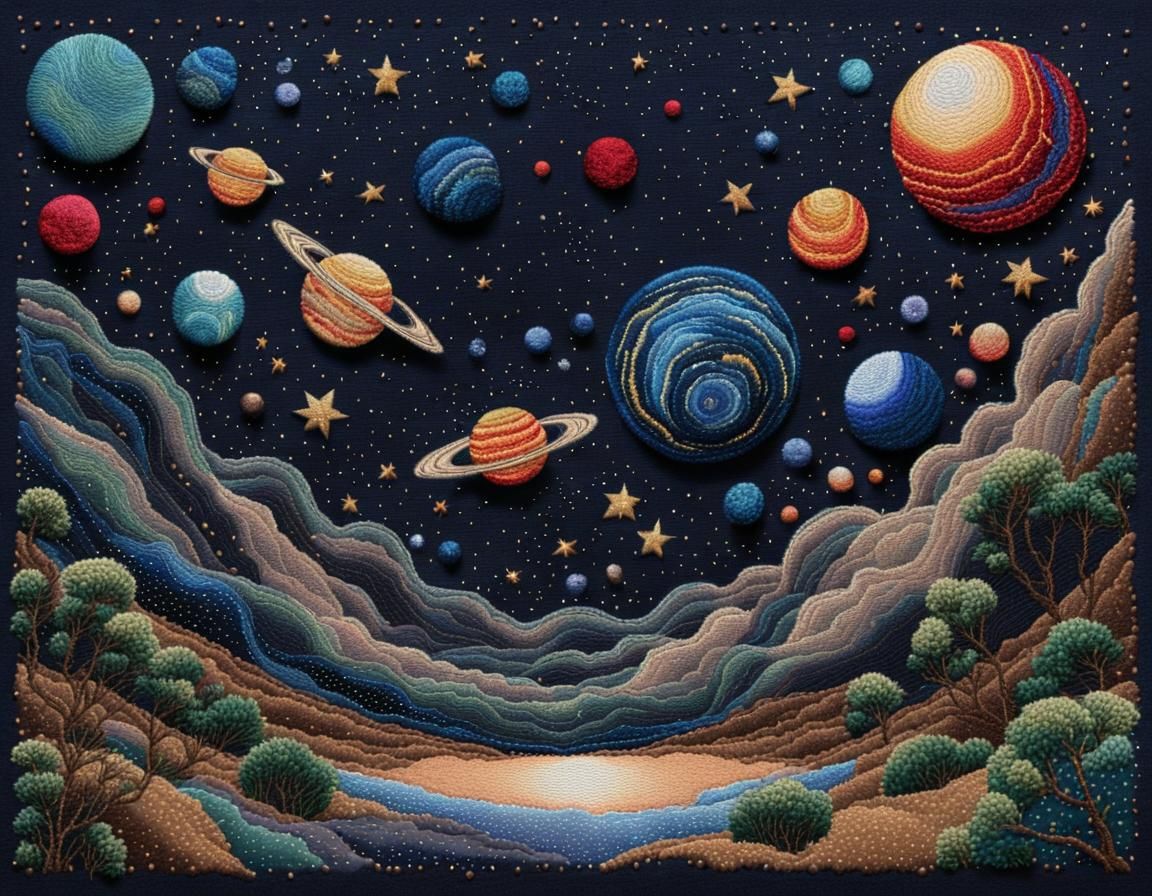 Embroidered Pointillist Night Sky With Planets