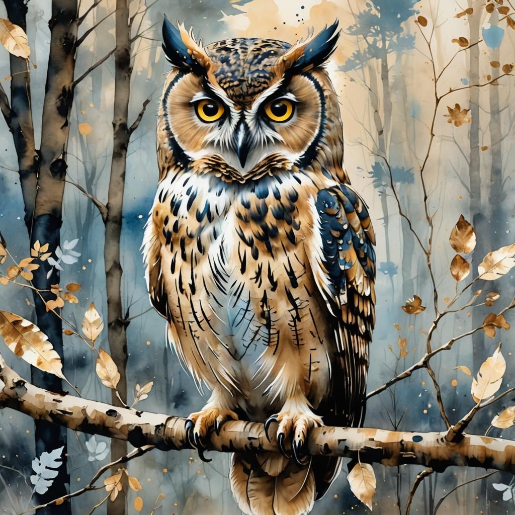 Watercolor Owl in Garden of Eden