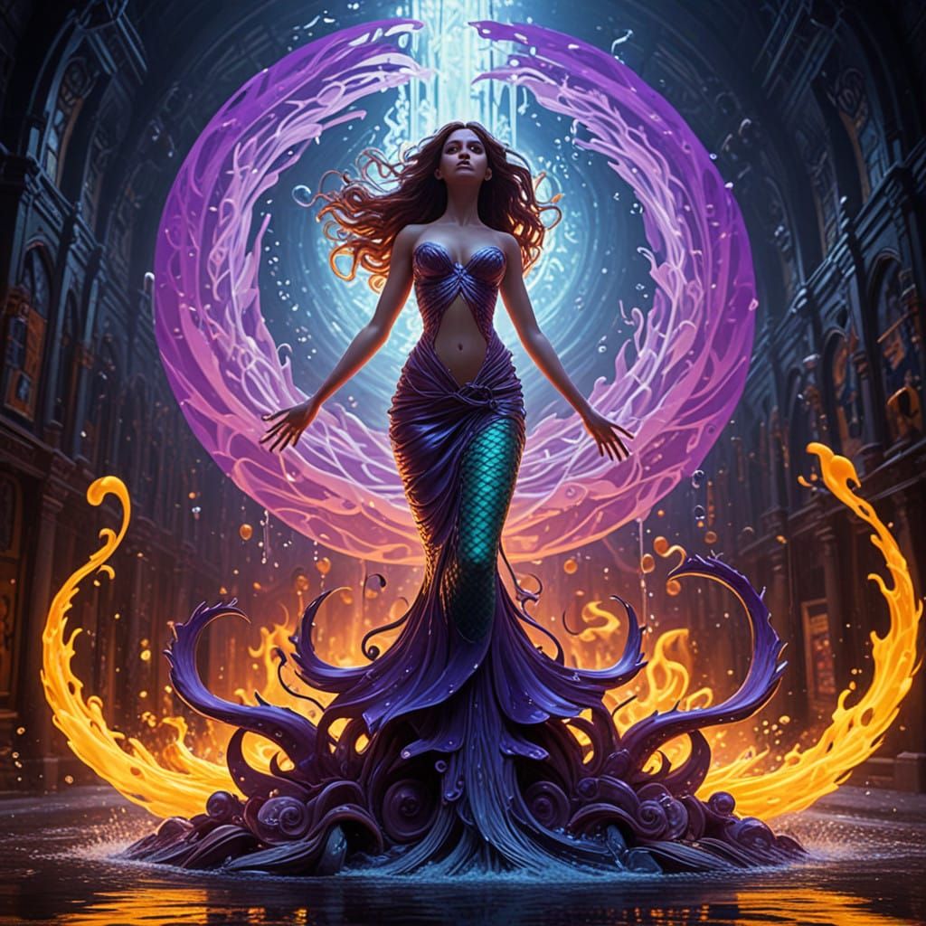 Mystical Phoenix Mermaid Emerges from Vortex of Water and Fi...