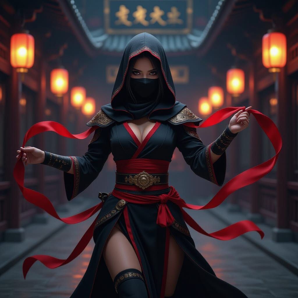 Elegant Ninja Masked Dancer with Red Ribbons