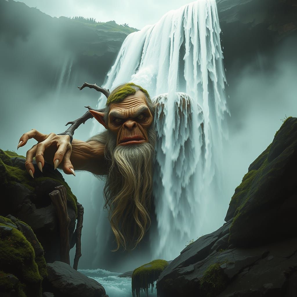 Mystical Troll Behind Waterfall: Nordic Folklore Art