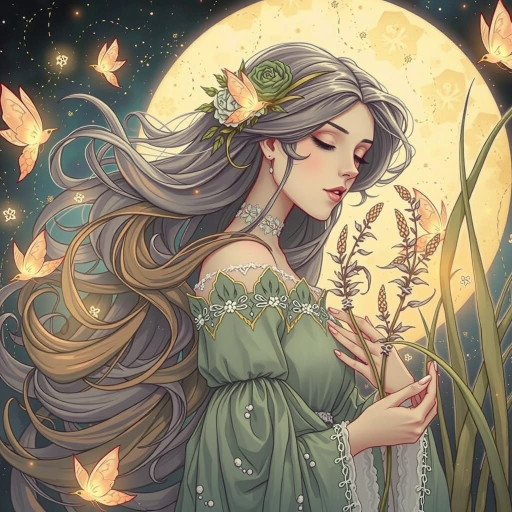 Mystical Woman Tending Glowing Garden in Art Nouveau Style