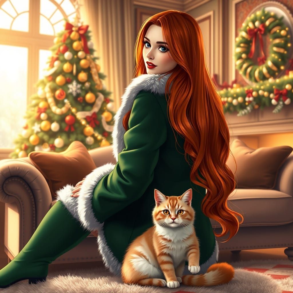 Elegant Ginger Redhead in Luxury Christmas Attire, Cyberpunk...
