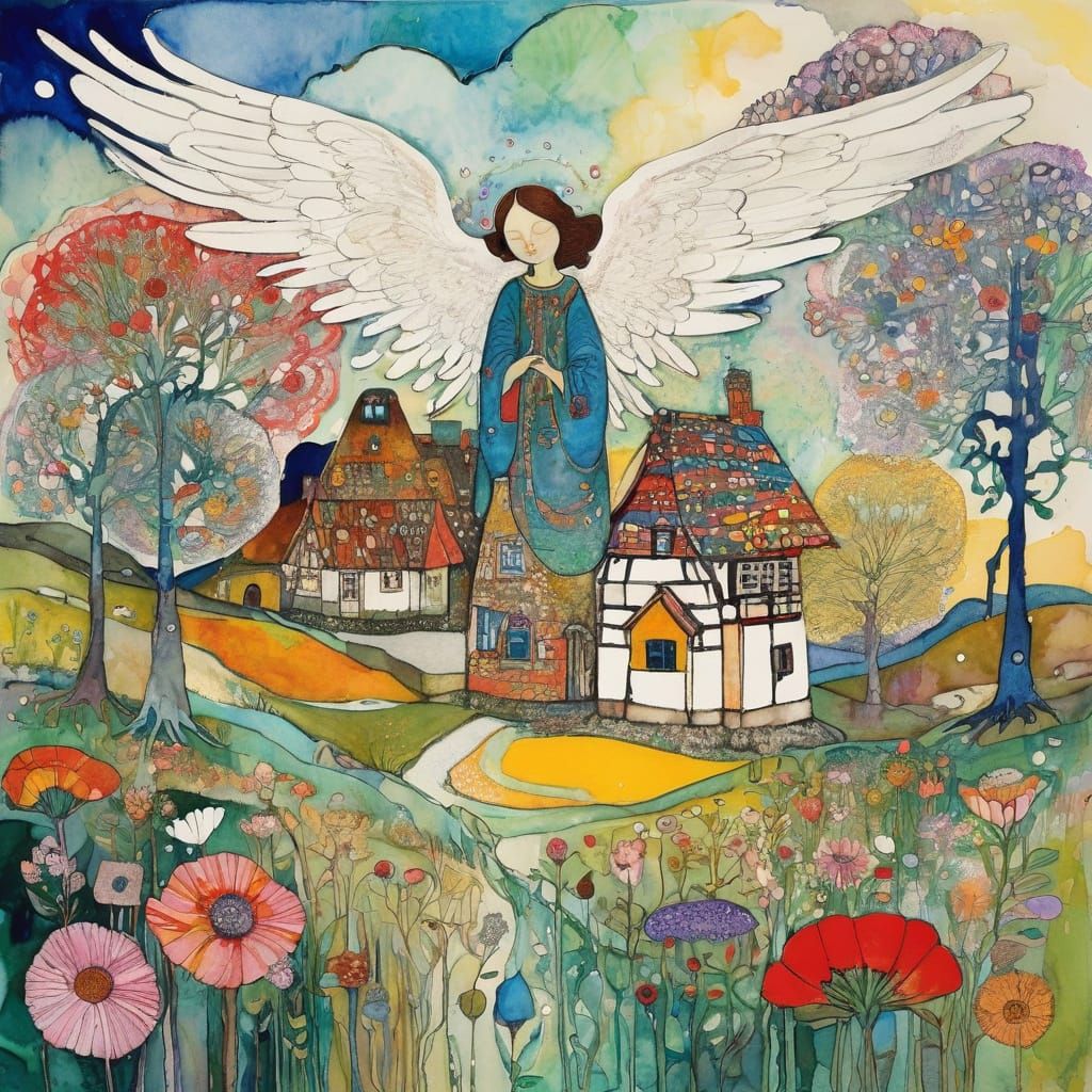 Naive Folk Art Angel with Blooming Flowers
