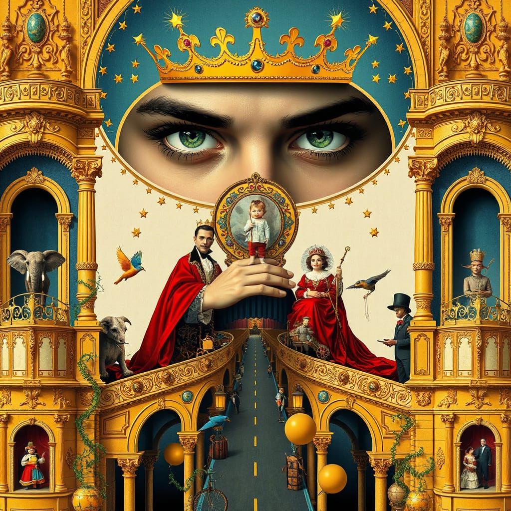 Surreal Carnival: Intense Eyes in Baroque Architecture