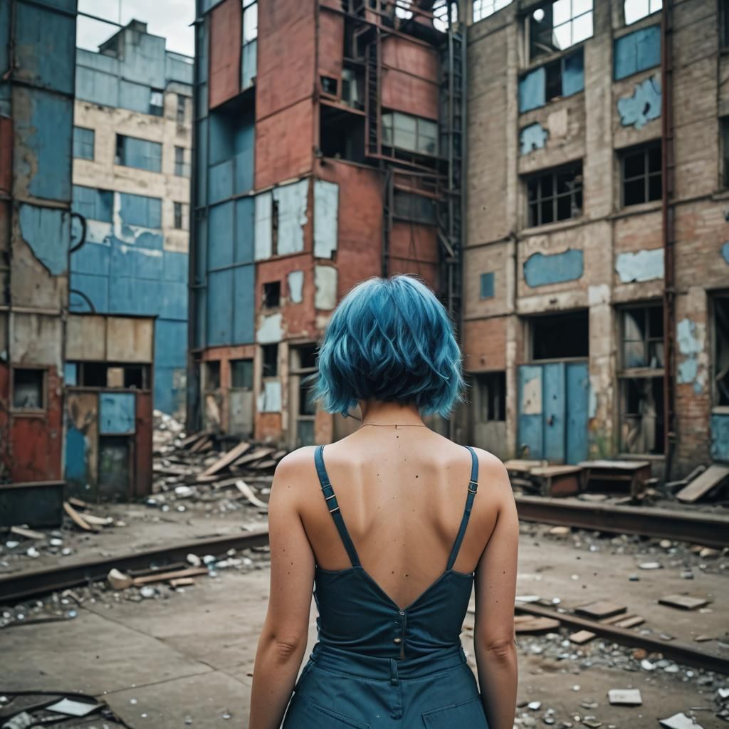 Angry Blue-Haired Woman in Abandoned Factory