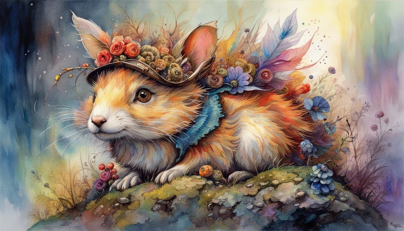 Colorful Steampunk Forest Creature in Watercolor Style