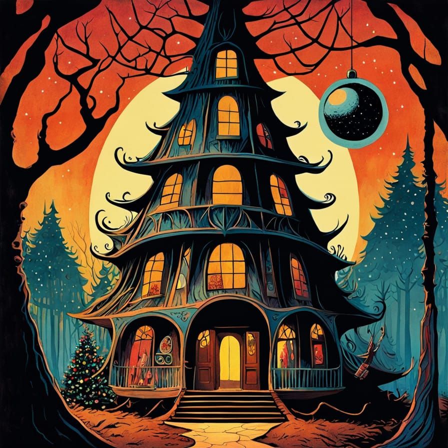 Mid-Century Christmas Scene in a State of Surreal Disarray