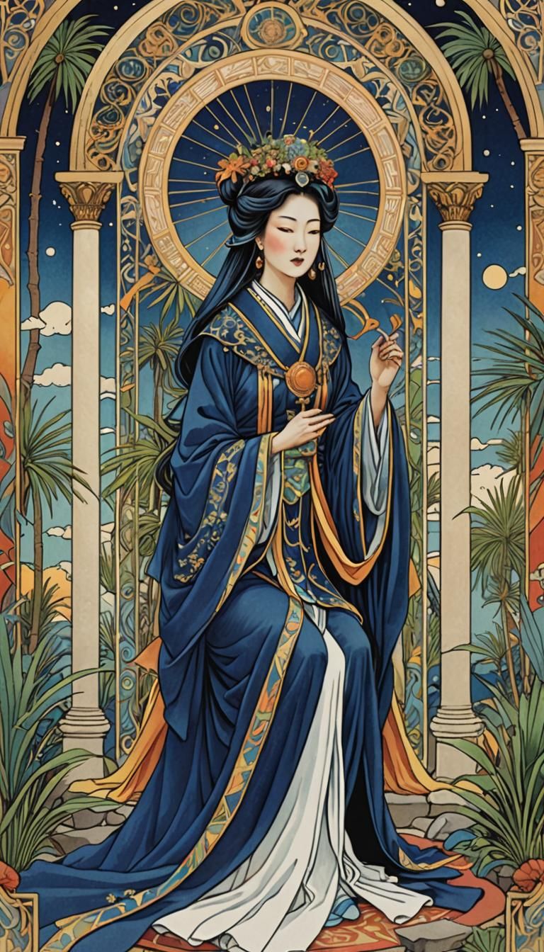 Art Nouveau High Priestess Tarot Card with Geisha