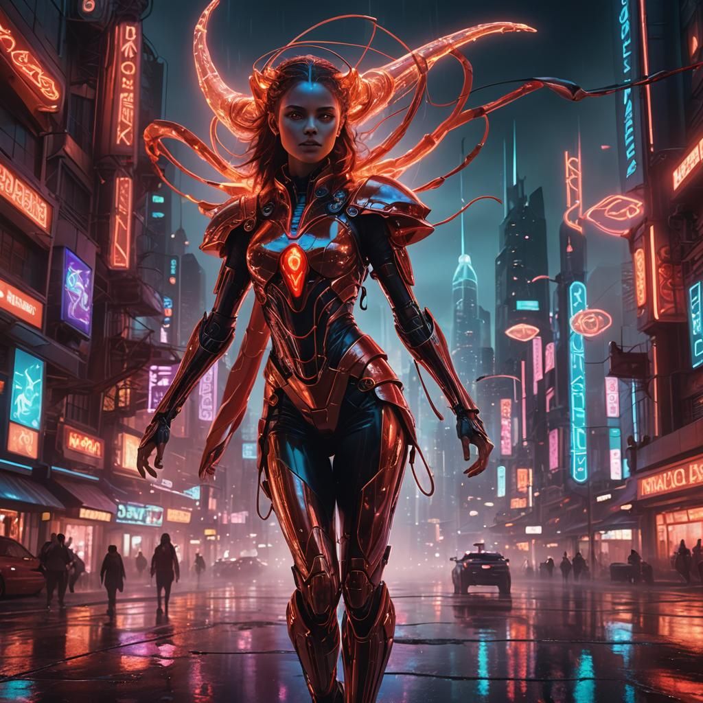 Alien Sorceress in Holographic Sci-Fi City