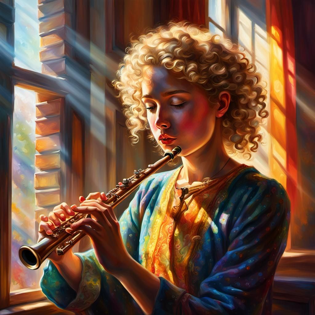 Girl Playing Flute: Hyper-Realistic Digital Art