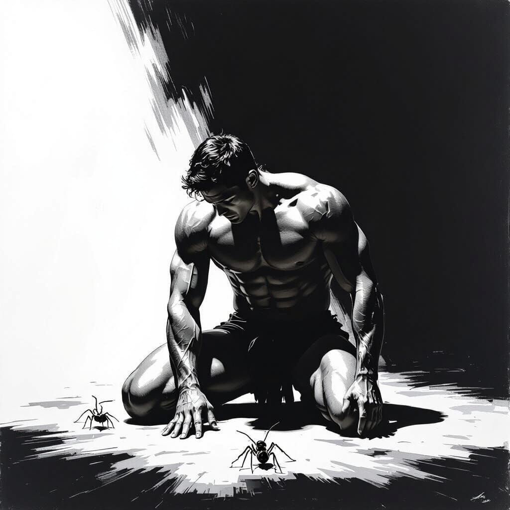 Dramatic Chiaroscuro of a Kneeling Warrior