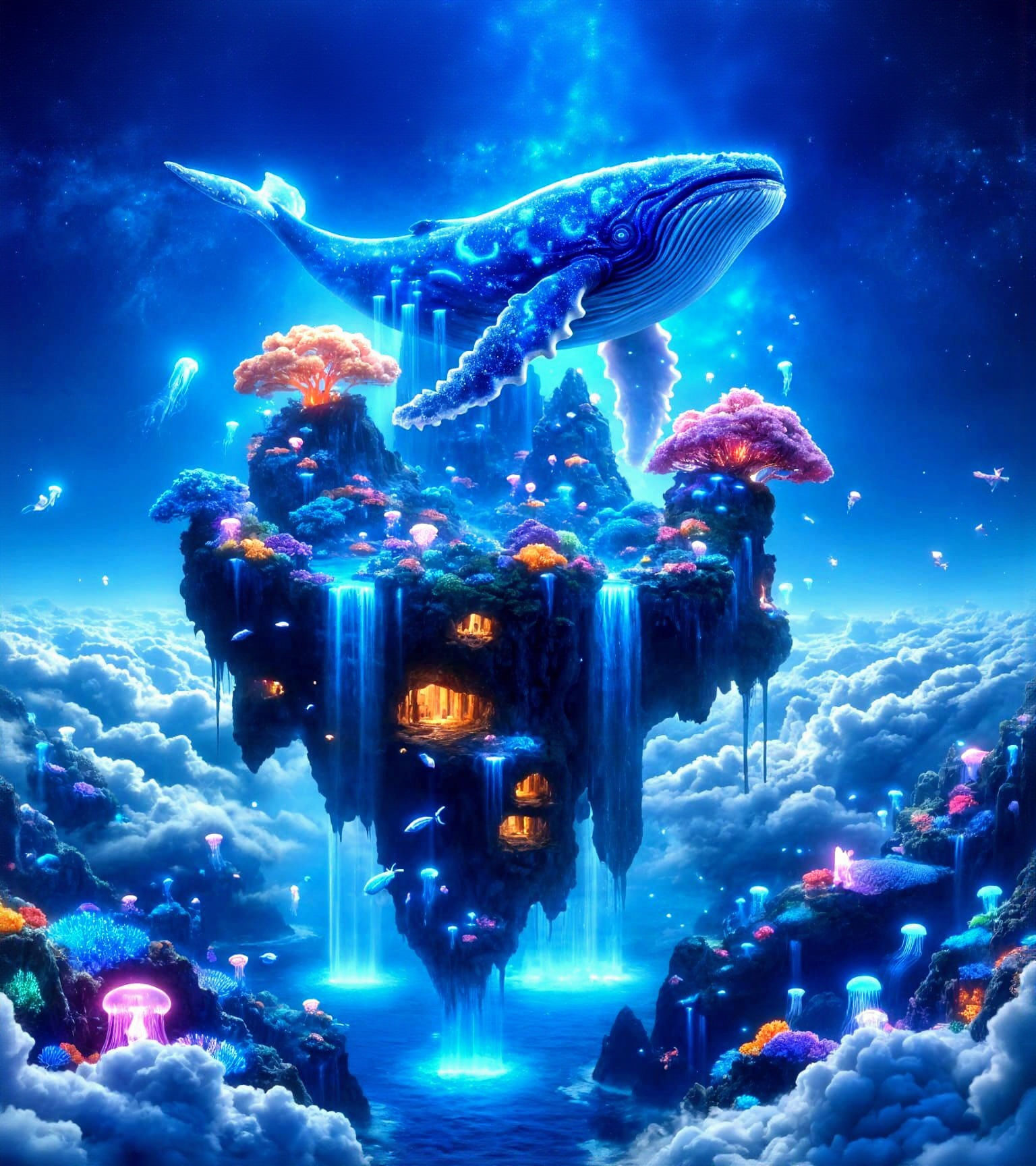 Whale Above Floating Coral Reef Under Blue Moonlight