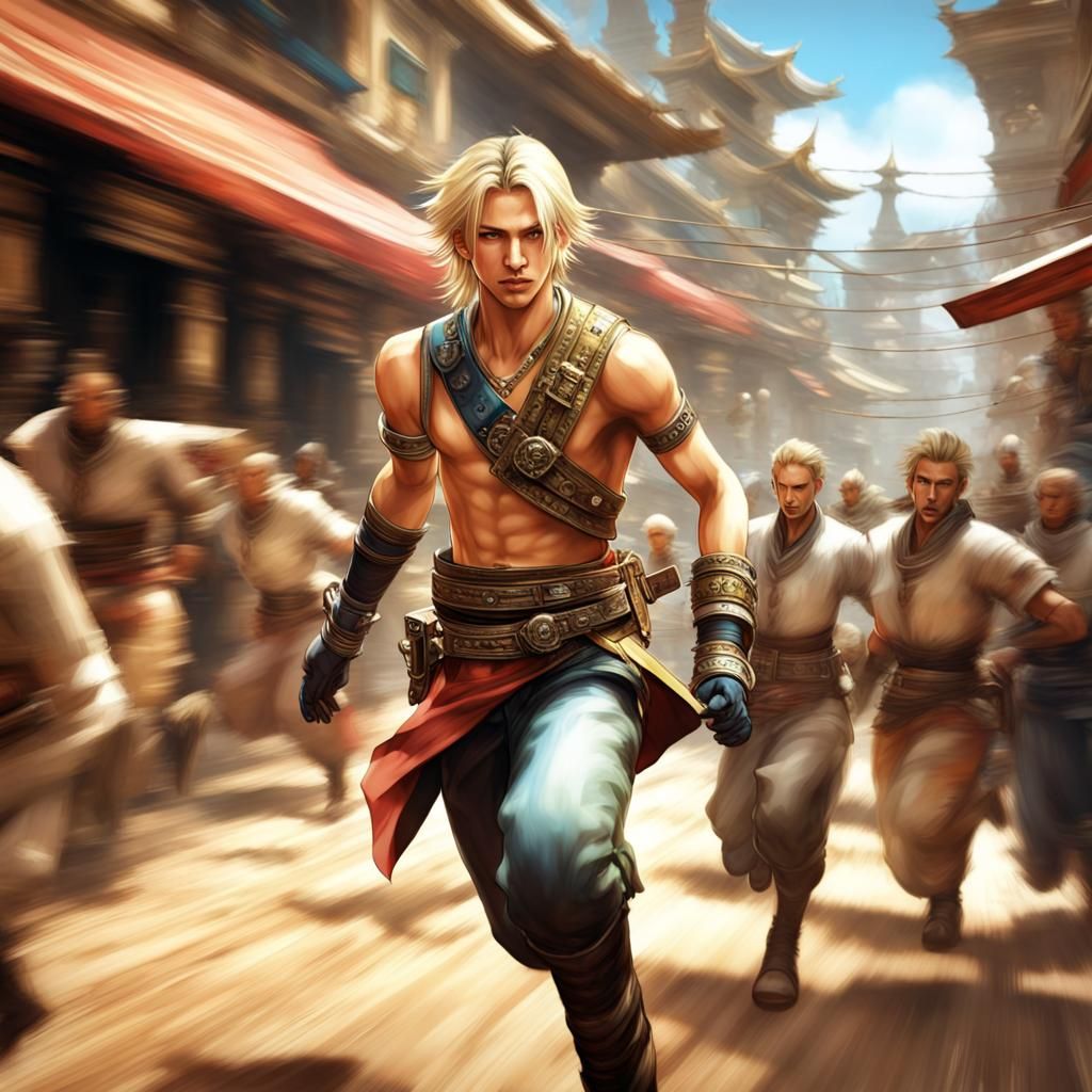 Vaan's Escape: Bazaar Chase in Hyperrealistic Style