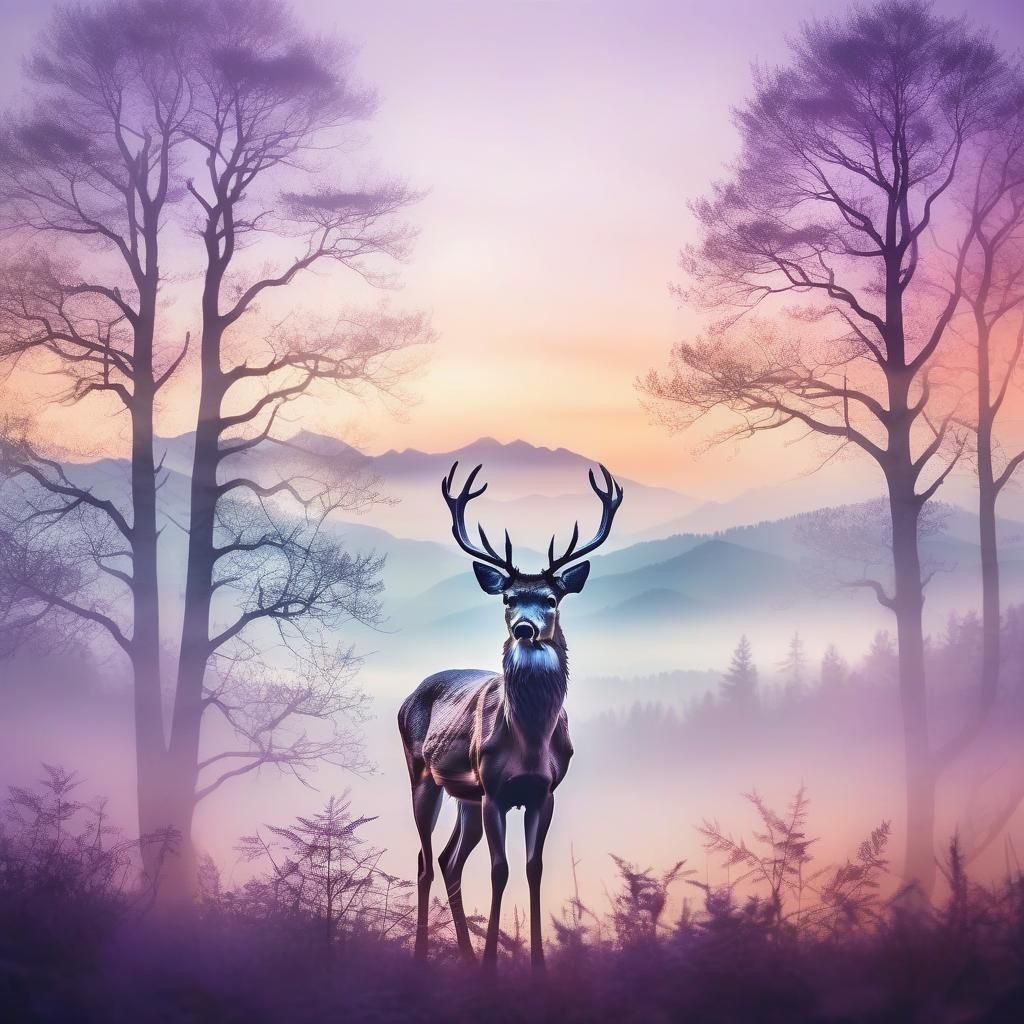 Double Exposure Deer Silhouette in Misty Mountain Landscape