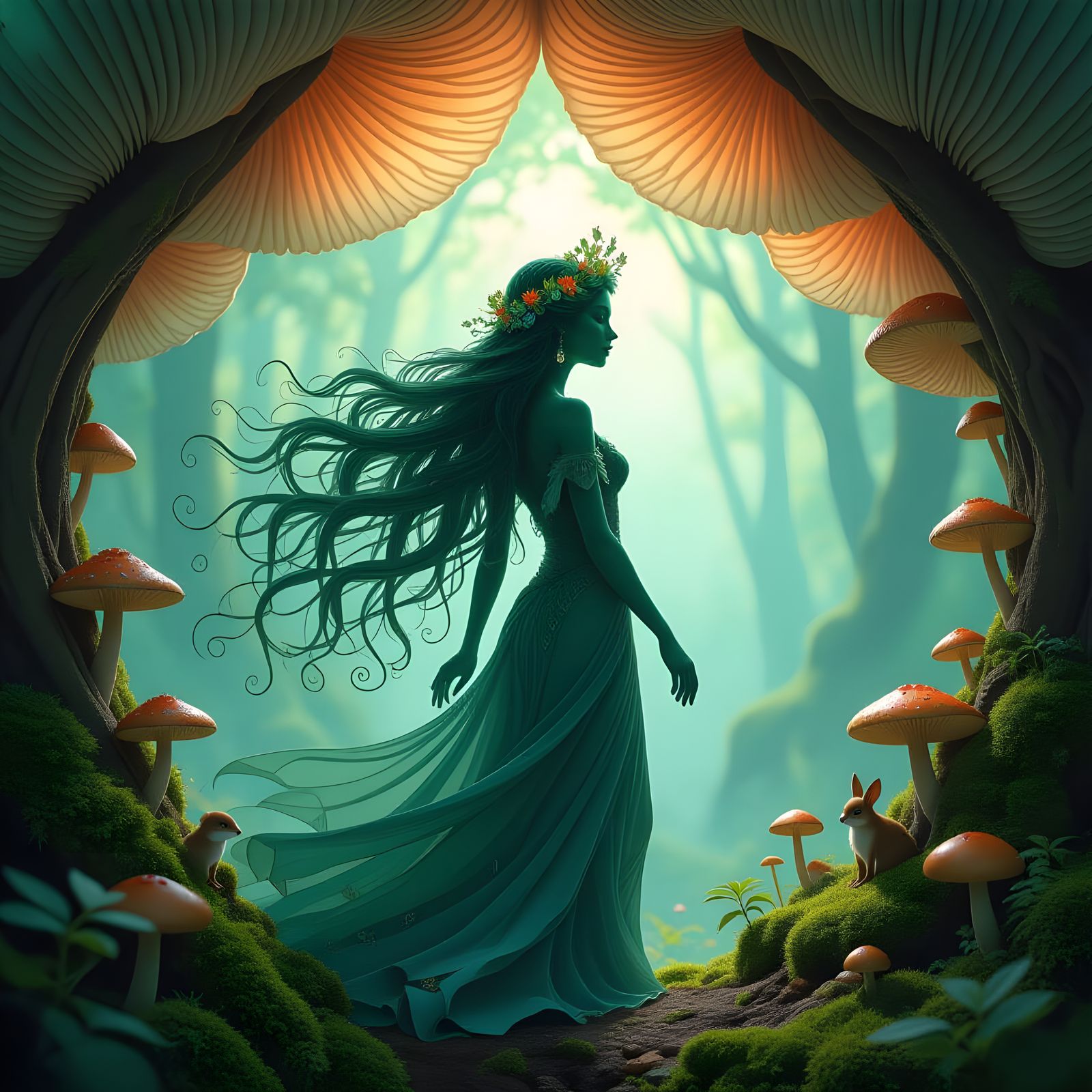 Mystical Forest Maiden in Organic Art Nouveau Style