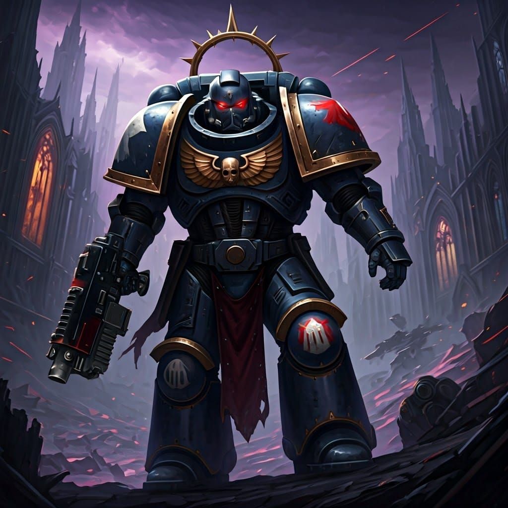 Heroic Space Marine on War-Torn Battlefield
