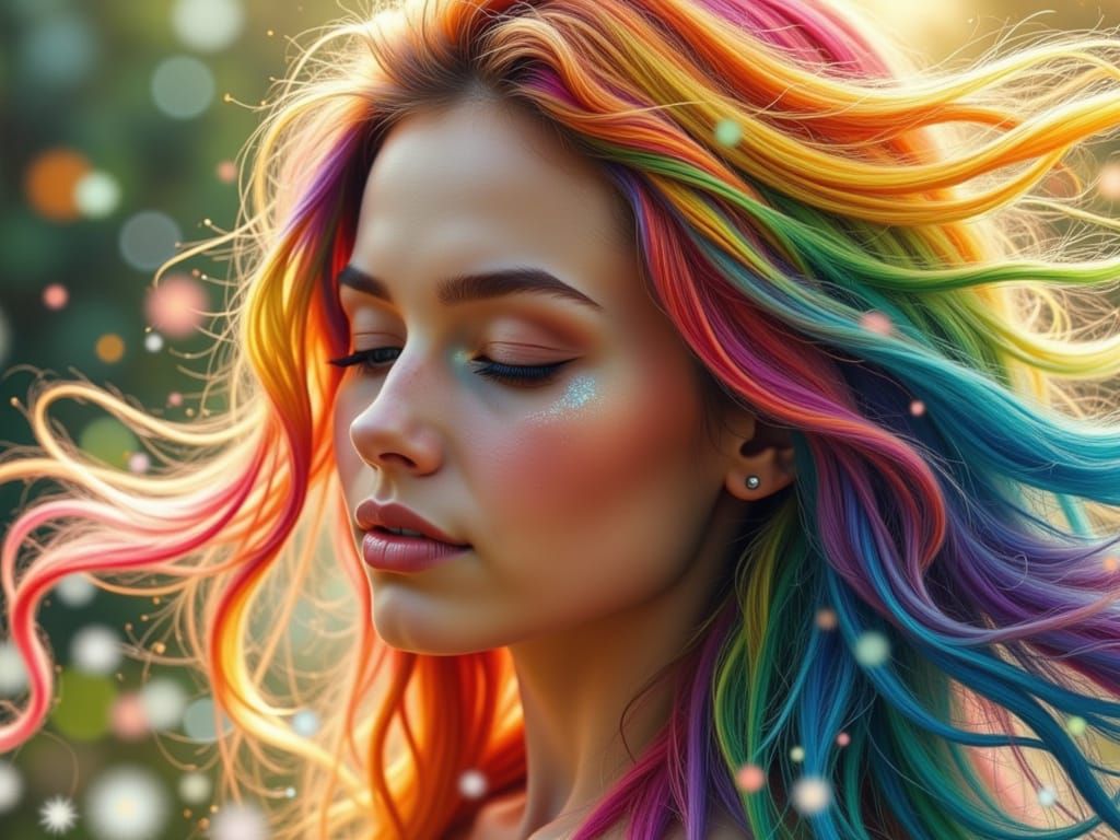 Realistic Woman with Flowing Rainbow Hair