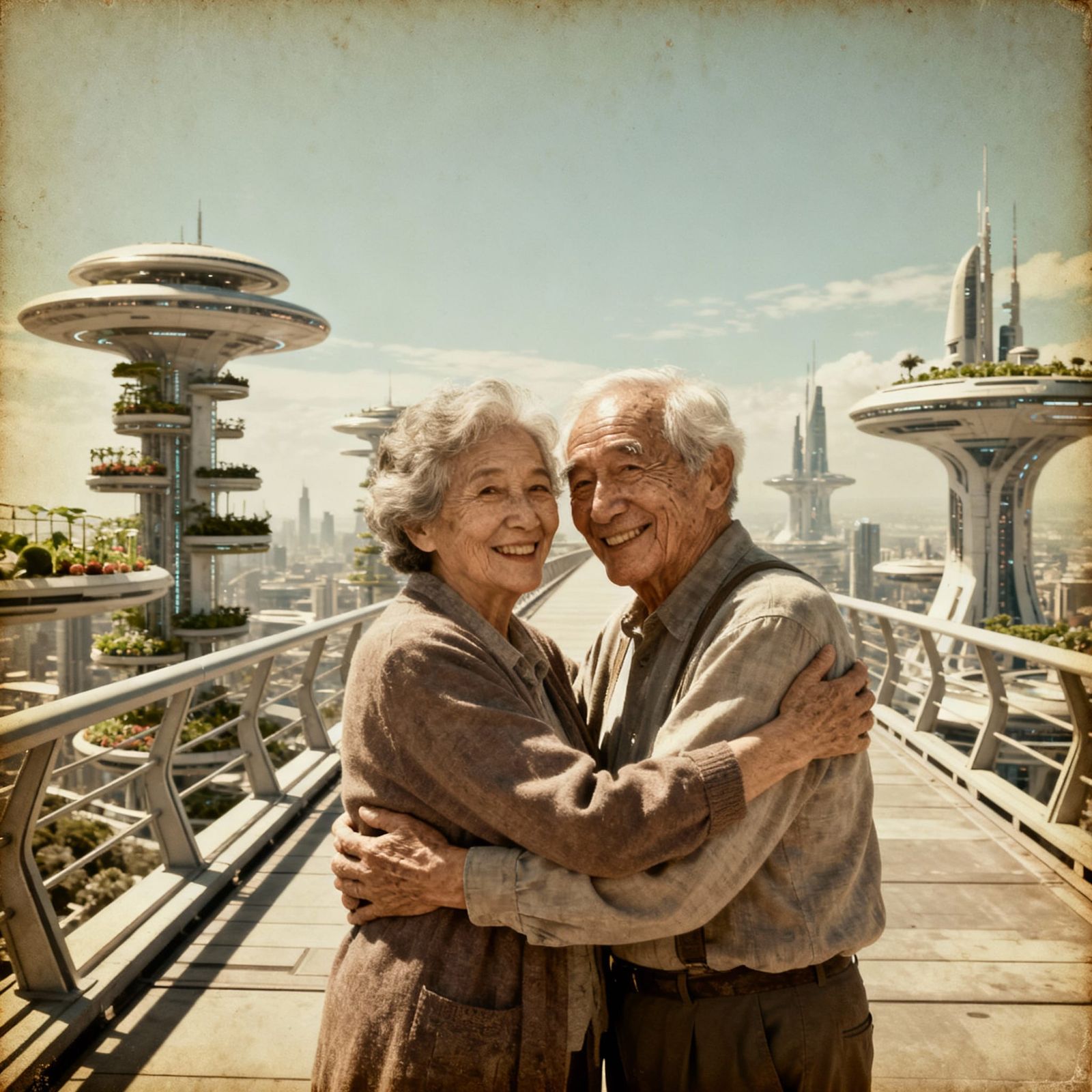 Elderly Couple's Reunion in Futuristic City, Retro Photo Sty...