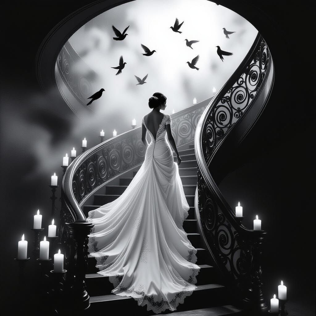 * Auf dem Weg zum Glück: Eine Braut folgt den Kerzen, während Vögel ihren Weg weisen.