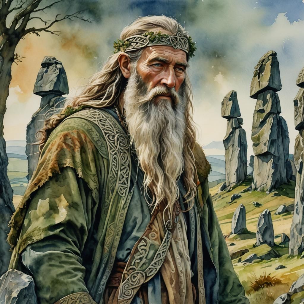 Celtic Druid Double Exposure Watercolor Landscape