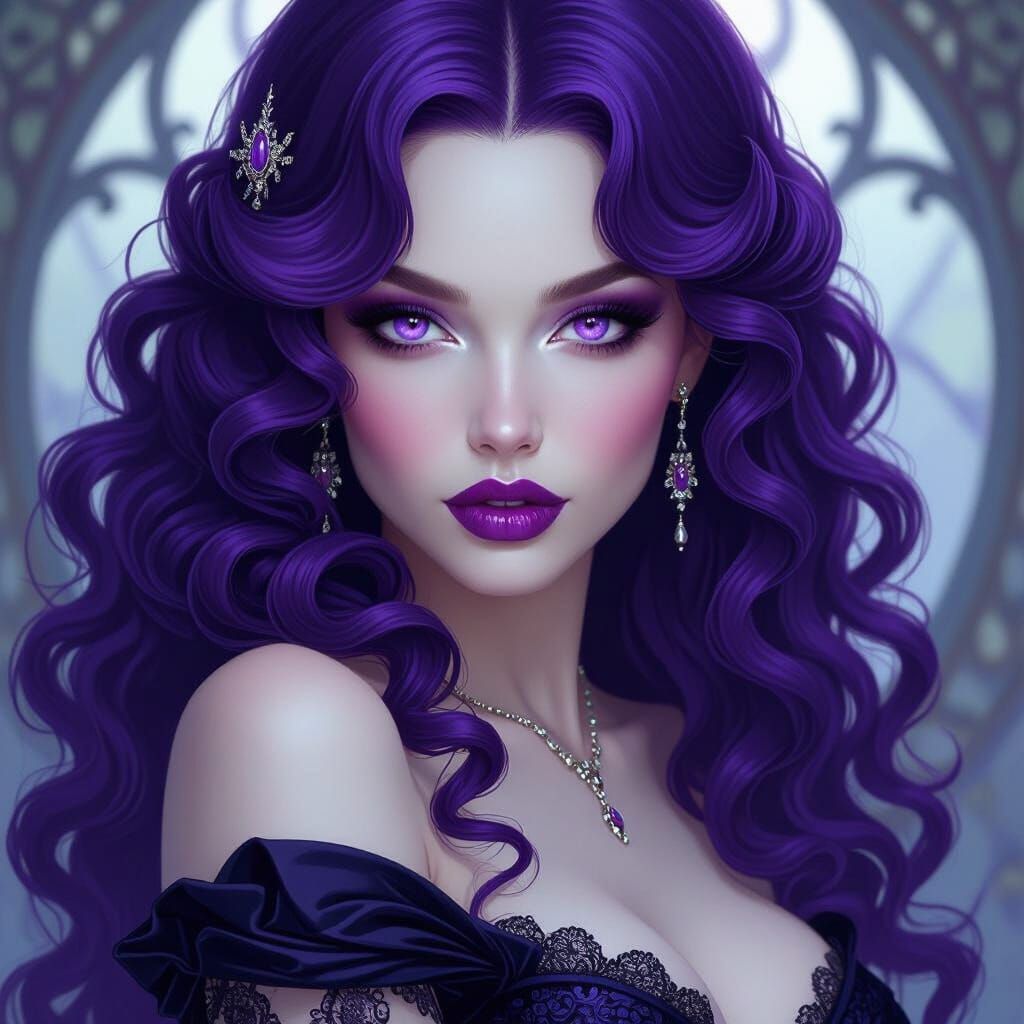 Glamorous Woman with Purple Hair, Art Nouveau Portrait