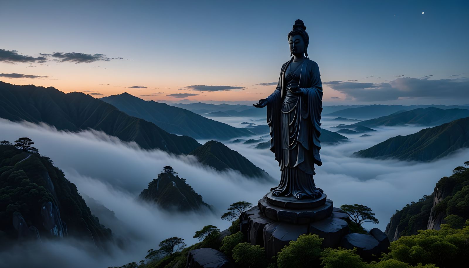 Ethereal Goddess Ascends Foggy Hills