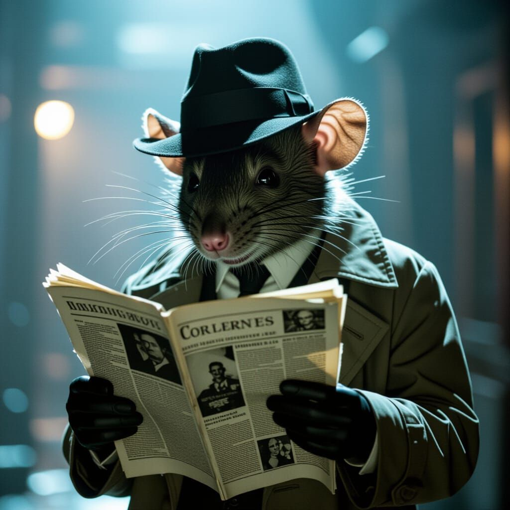 Humanoid Rat Detective in Neo-Noir Film Still