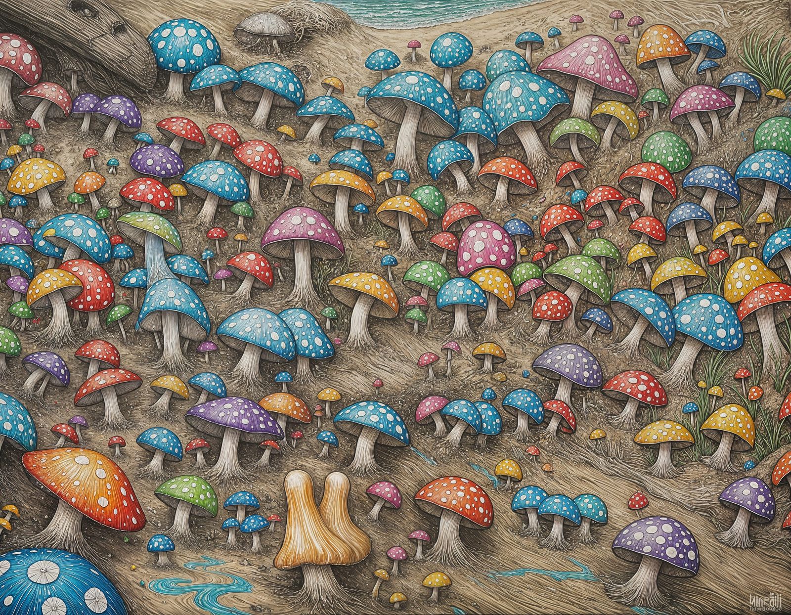 Colorful Mushroom Graffiti Art on Beach