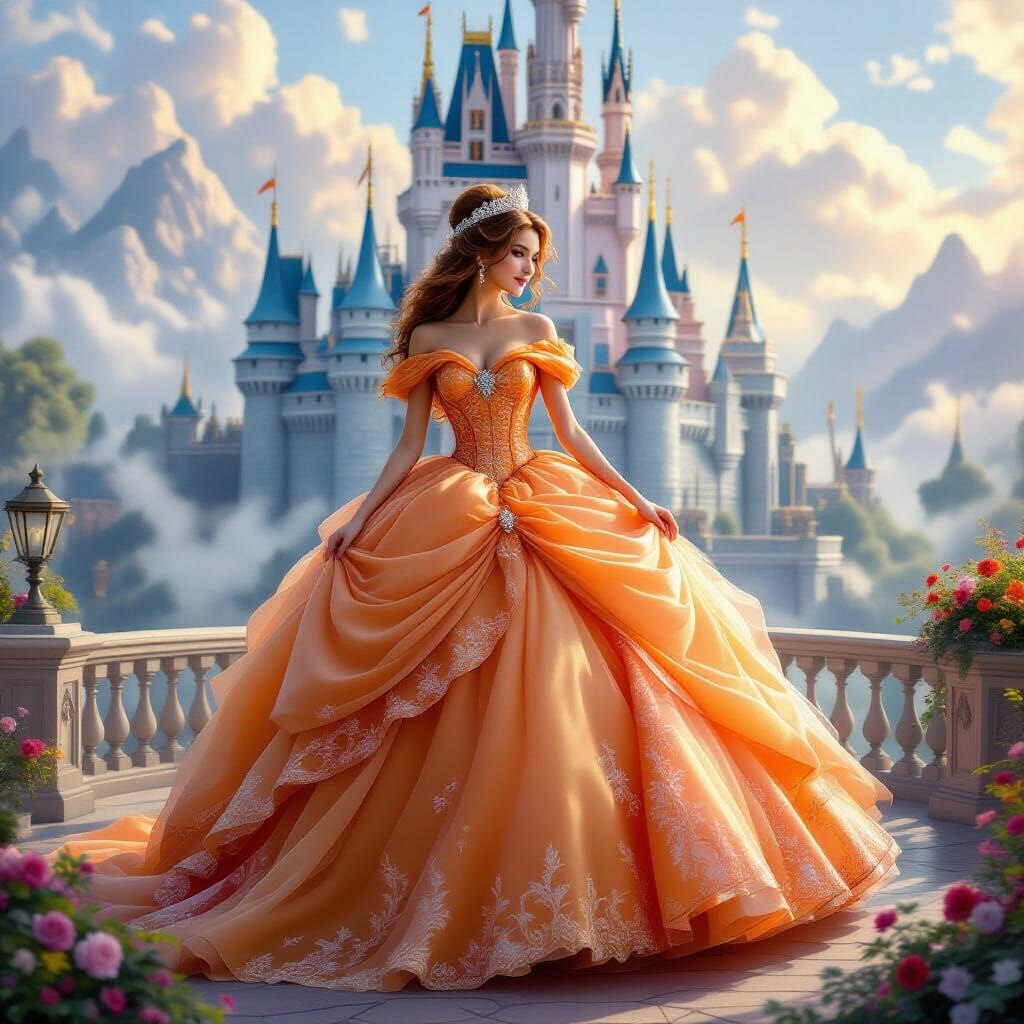 Princess in Sparkly Orange Gown at Ethereal Castle