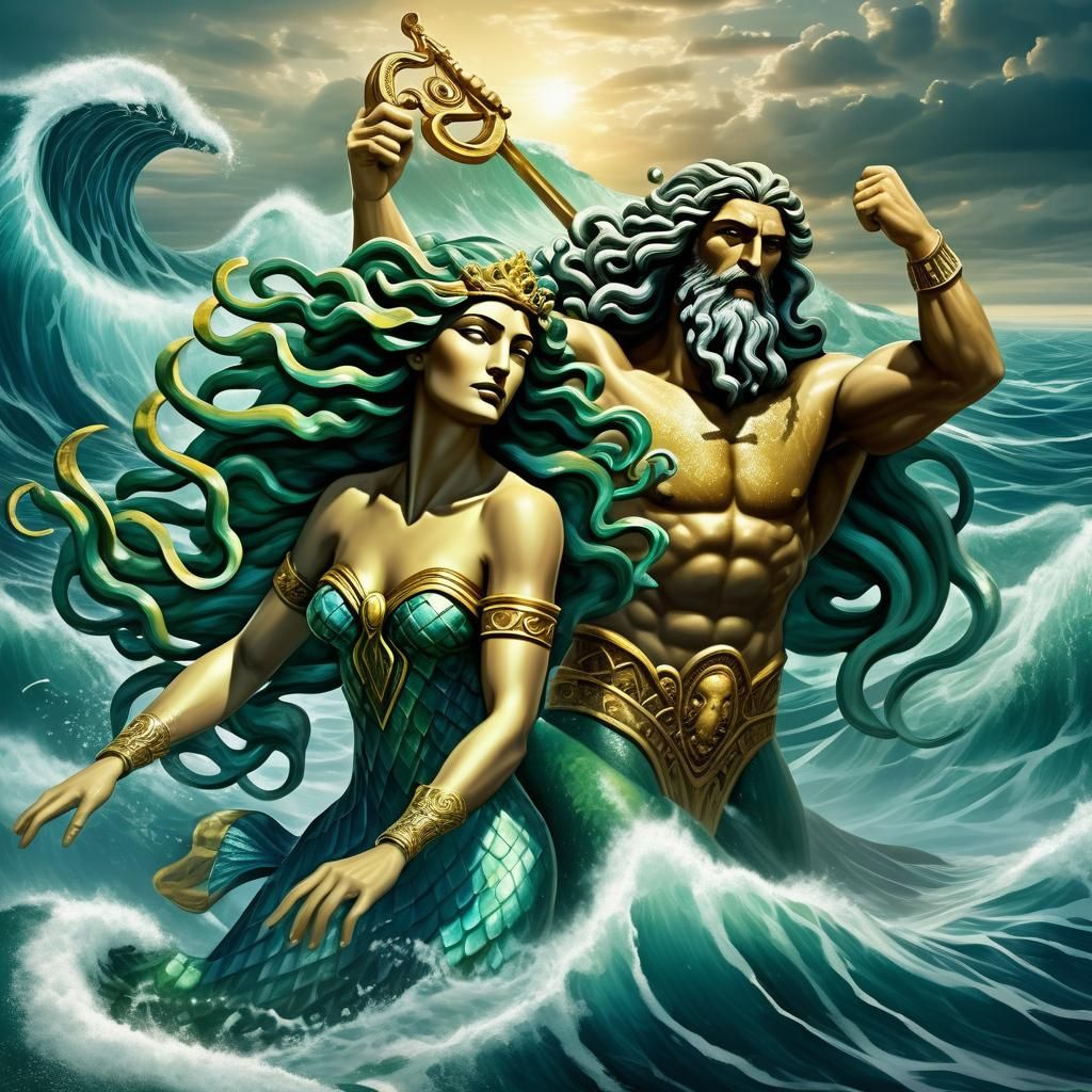 Medusa and Poseidon Swimming in the Sea