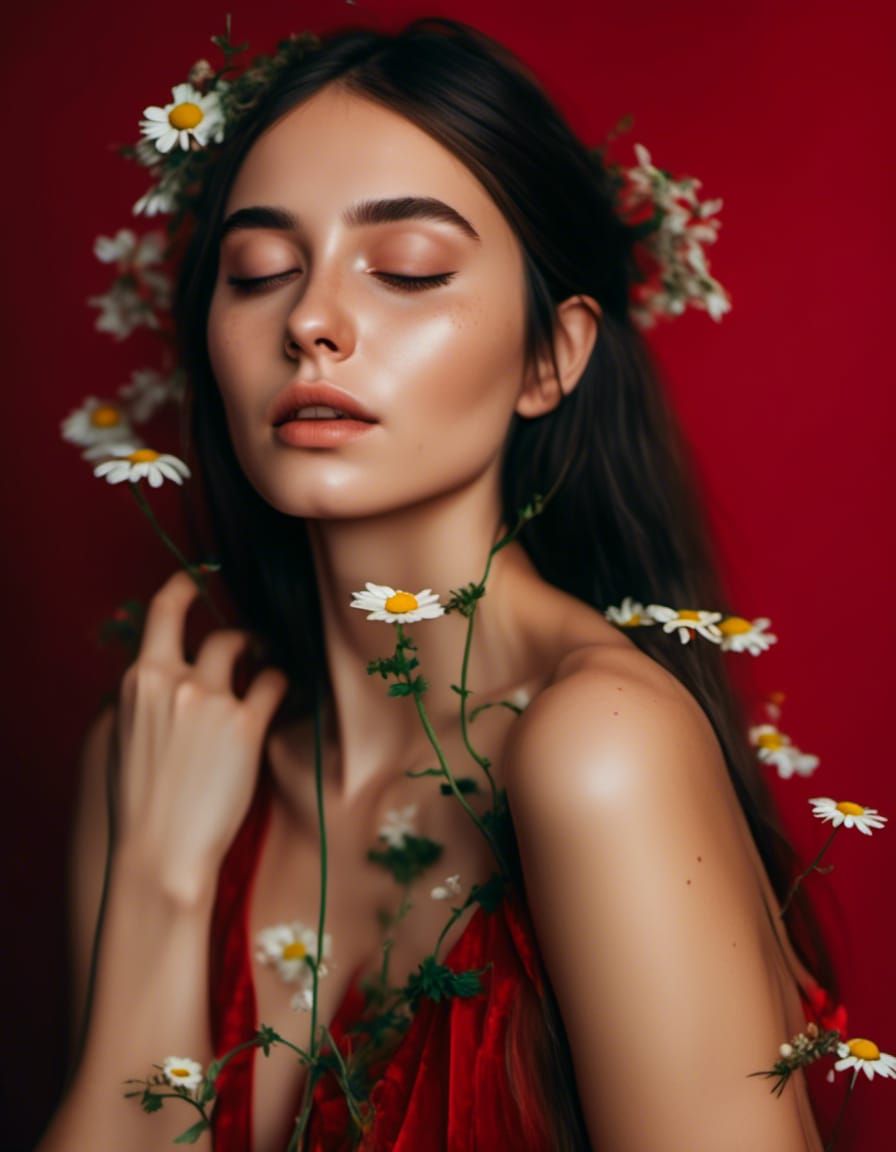 Woman with Chamomile Wreath in Flower Field