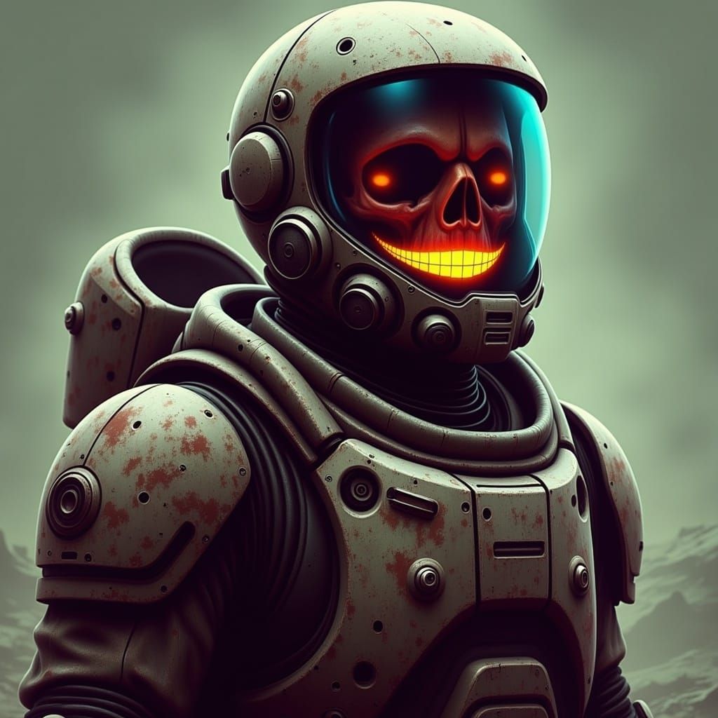 Masked Smiling Spartan in Space Suit, Digital Art