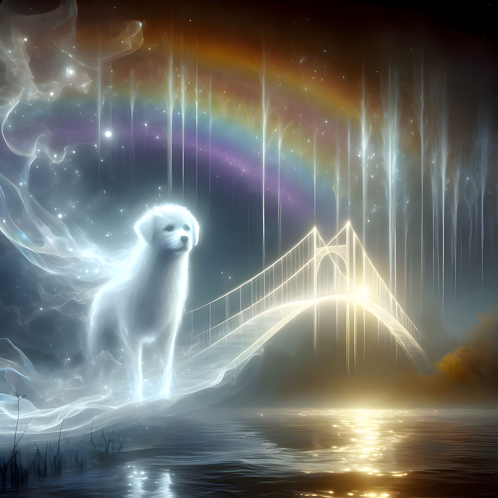 Loyal Ghost Dog Waits at the Rainbow Bridge in Vibrant, Epic...