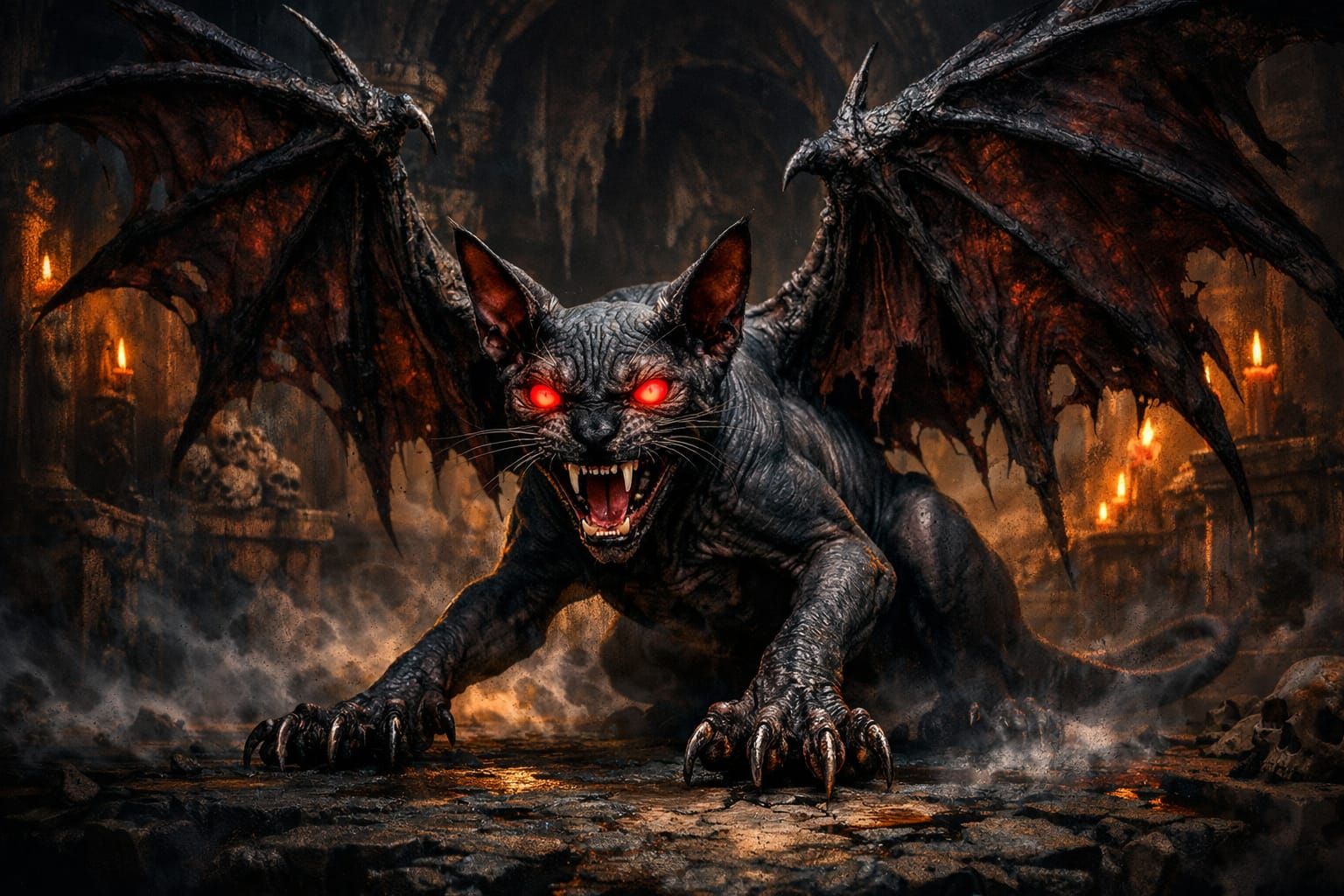 Demonic Sphinx Cat in Dark Crypt Fantasy Art