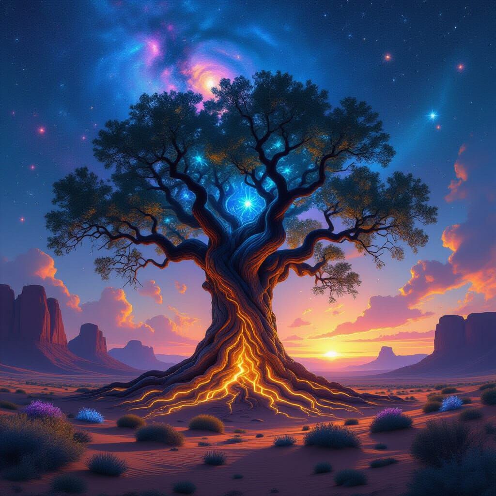 Ancient Tree with Glowing Roots in Starlit Desert