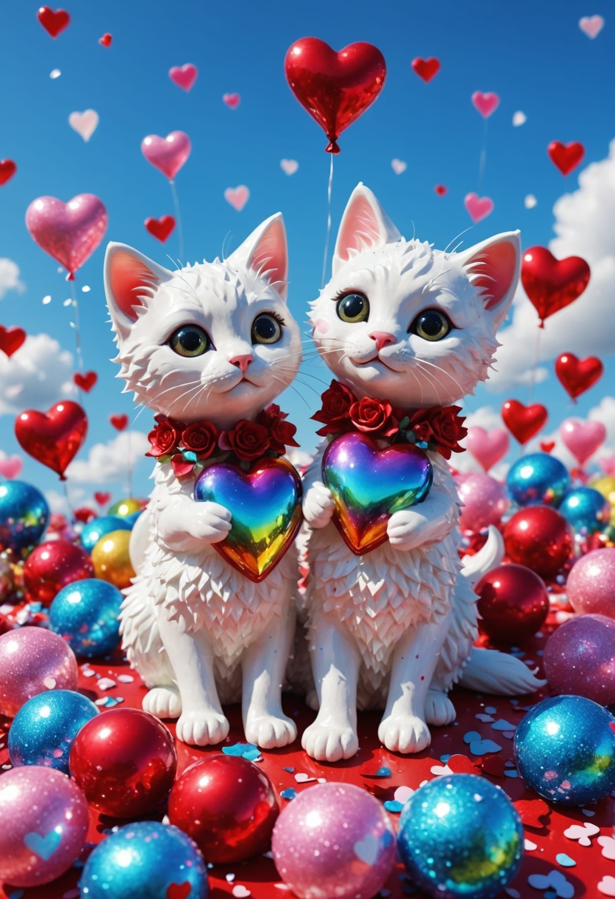 Punk Valentine's Day Fantasy with Rainbow Cats and Flowers