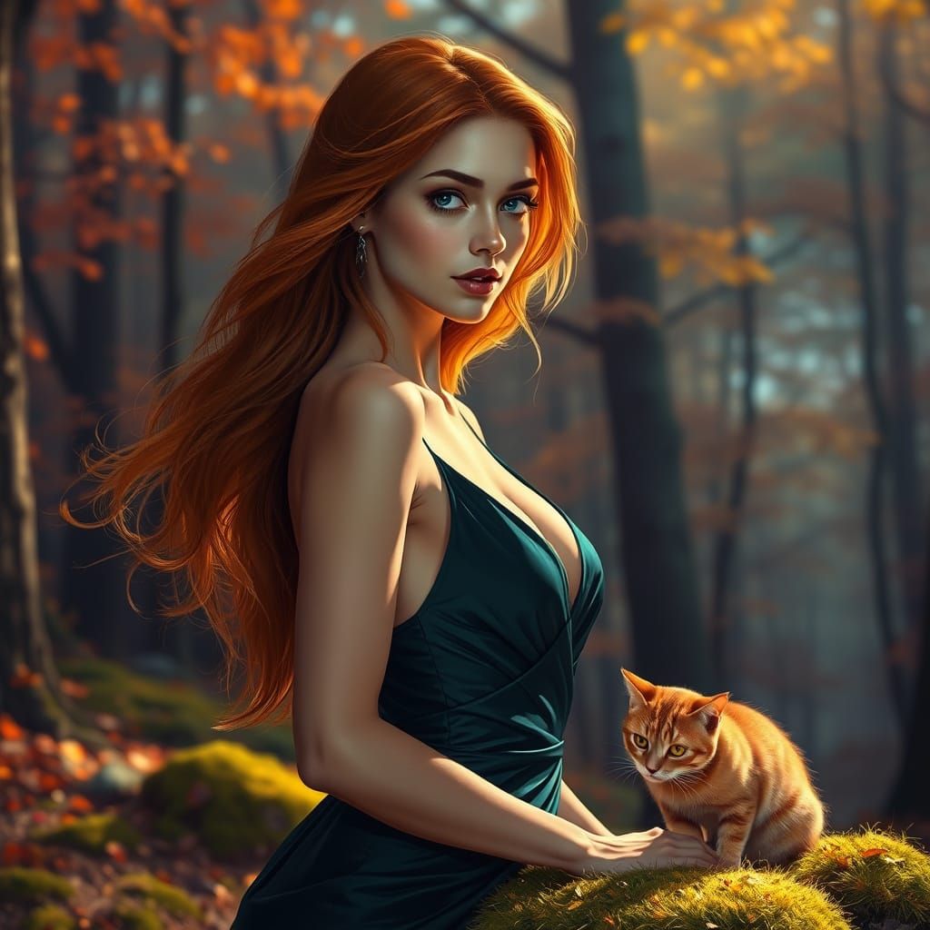 Woman with Ginger Hair in Autumn Forest with Cat