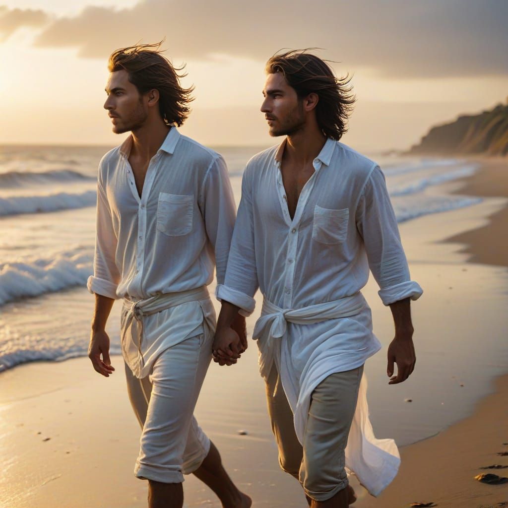 Youths on Windswept Beach at Sunset