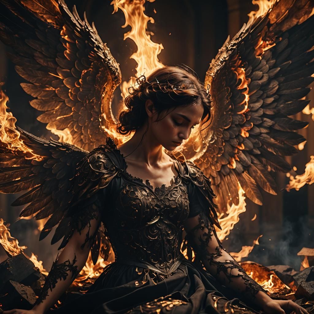 Fallen Angel in Fire: A Dark Fantasy Portrait