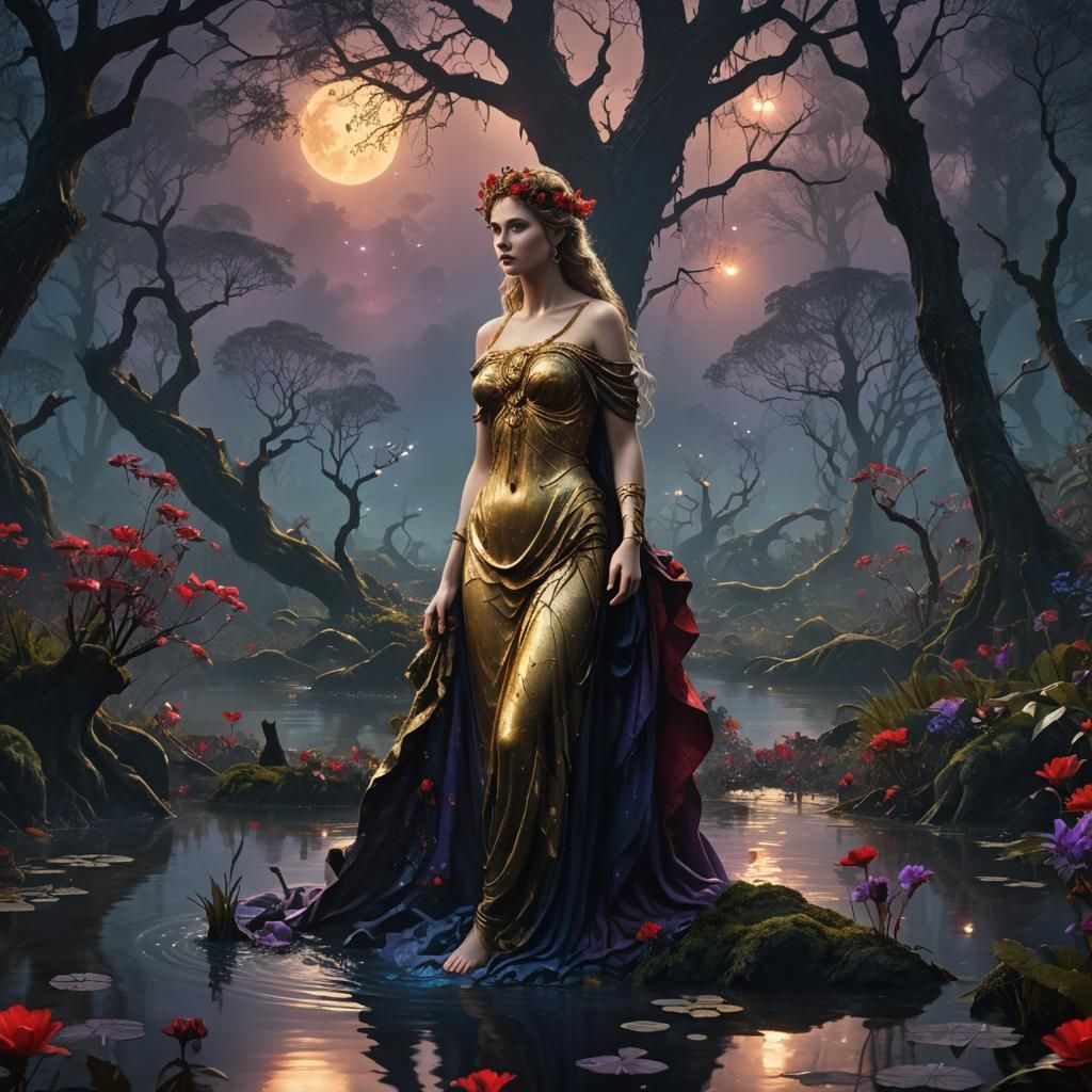 Aphrodite in Starry Swamp Forest: Hyper-Realistic Digital Ar...
