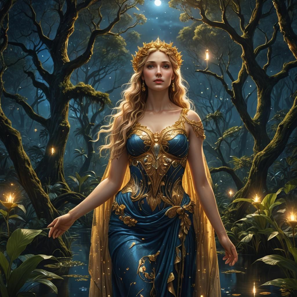 Aphrodite in Lush Swamp Forest at Night