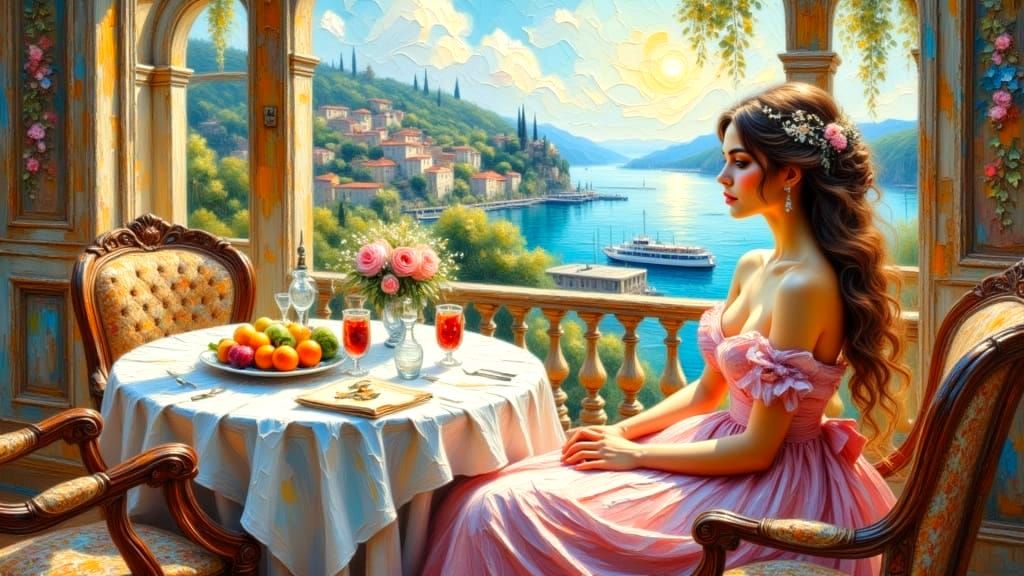 Cute girl on a terrace in a coastal town